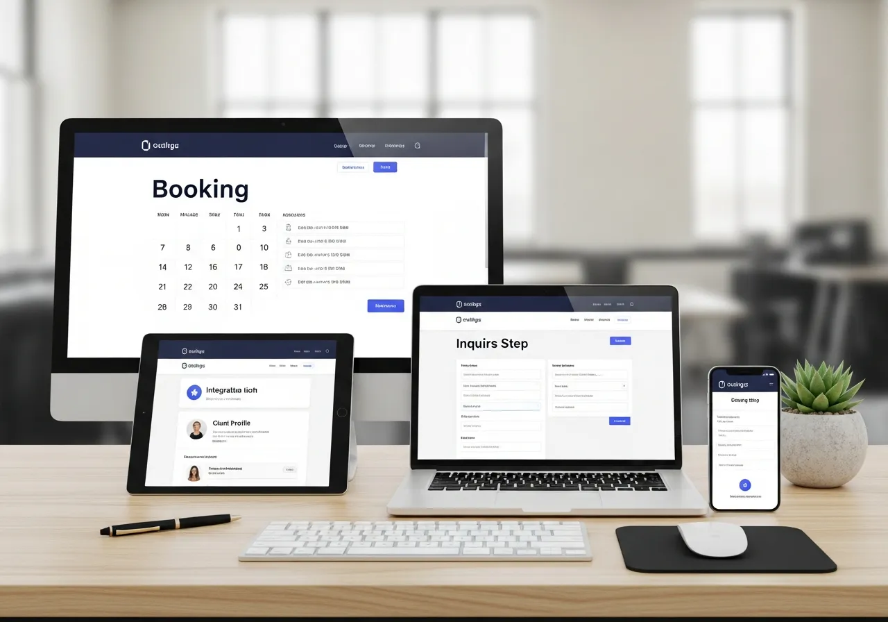 Custom website features including booking systems, forms, and integrations displayed on multiple devices